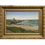 COASTAL SCENE WITH CASTLE, AN OIL BY R KEYSER