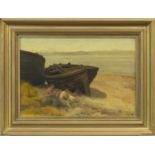 BEACHED BOAT WITH FIGURES, AN OIL BY ALEXANDER KELLOCK BROWN