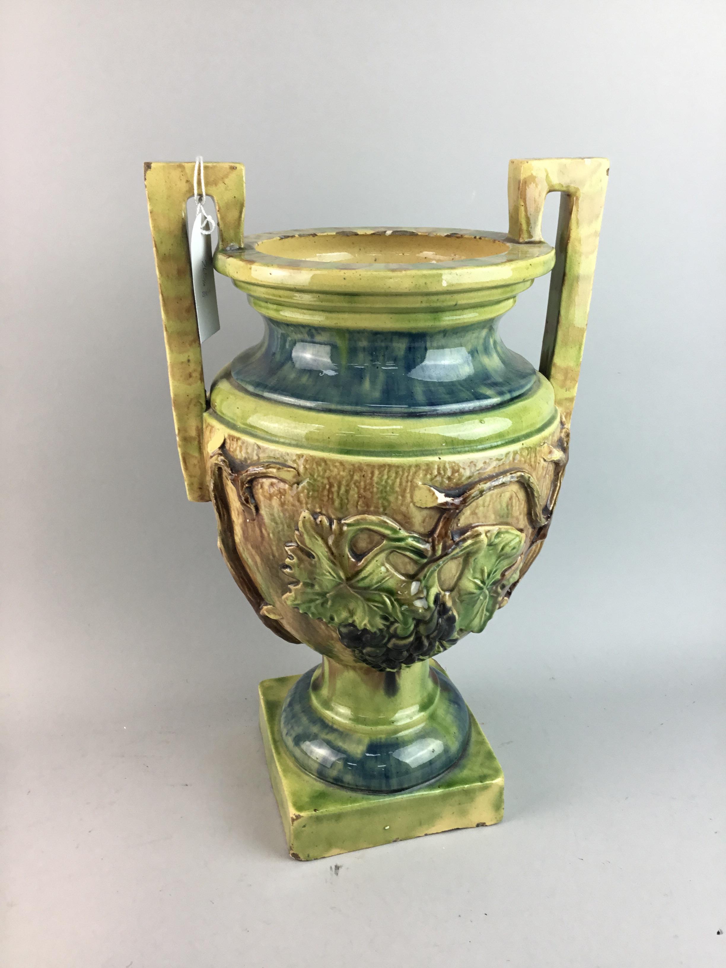 A TWIN HANDLED MAJOLICA VASE AND OTHER CERAMICS