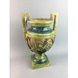 A TWIN HANDLED MAJOLICA VASE AND OTHER CERAMICS