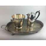 A TWIN HANDLED SILVER PLATED SERVING TRAY, COFFEE POT AND TEAPOT