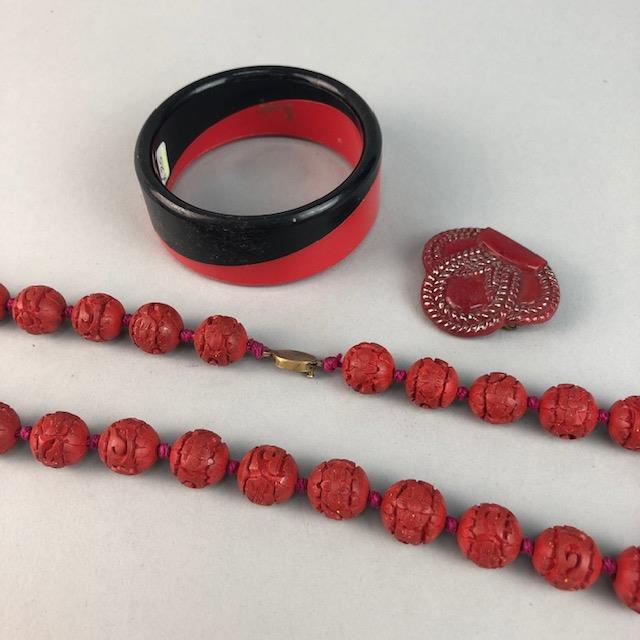 A CHINESE CINNABAR BEADS AND OTHER JEWELLERY