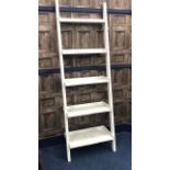 A MODERN WHITE PAINTED LADDER SHELVING UNIT