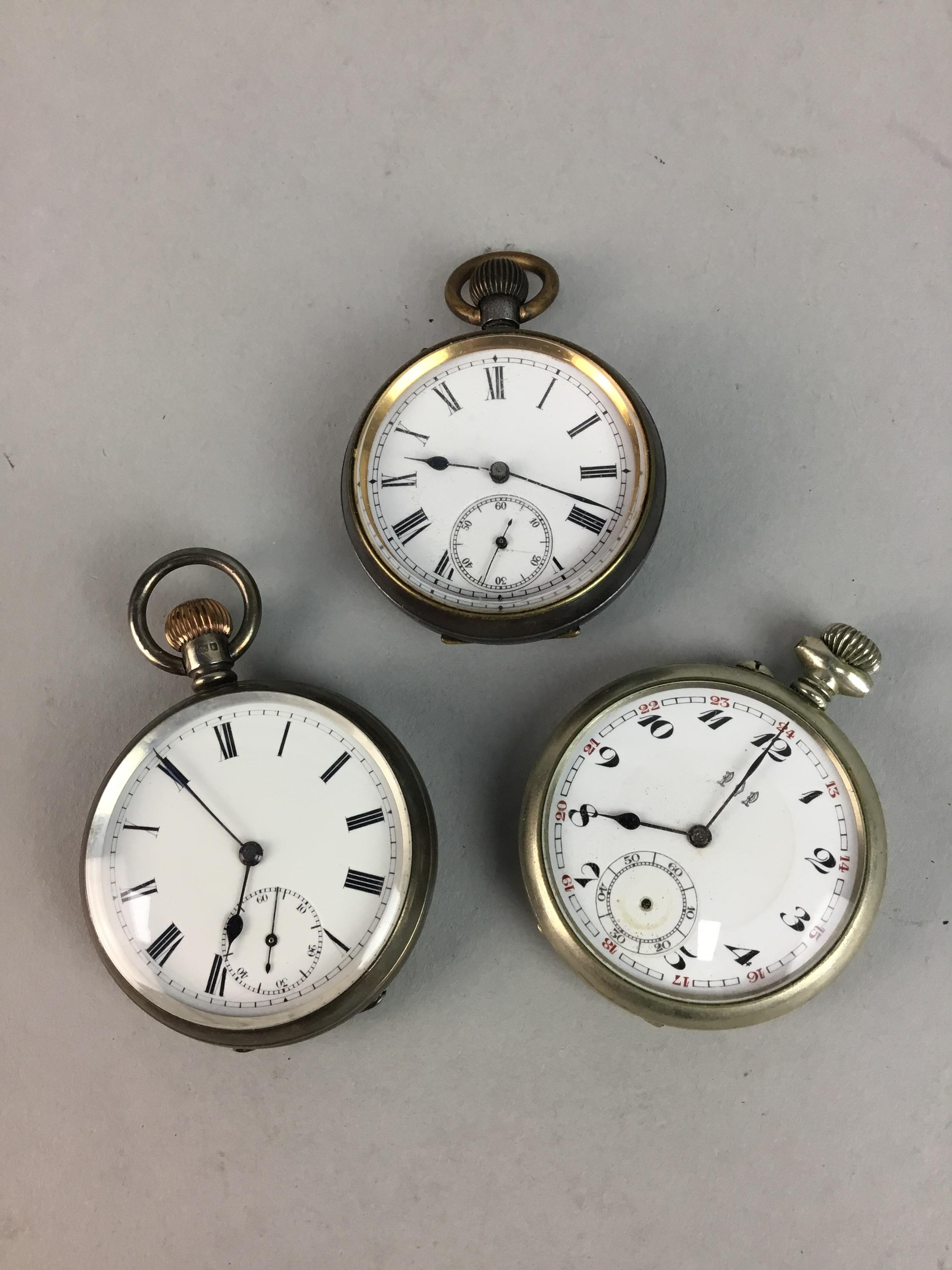 A SILVER CASED HALF HUNTER POCKET WATCH AND TWO OTHERS