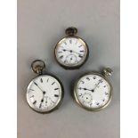 A SILVER CASED HALF HUNTER POCKET WATCH AND TWO OTHERS