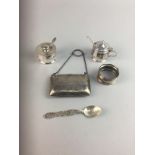 A SILVER PURSE, SILVER NAPKIN RING AND MAPPIN & WEBB CONDIMENTS