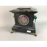 A VICTORIAN BLACK SLATE MANTEL CLOCK AND TWO OTHERS