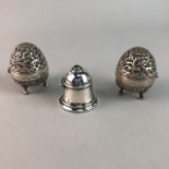 A PAIR OF BURMESE SILVER POUNCE POTS AND A SILVER INKWELL