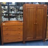 A MODERN STAINED WOOD WARDROBE AND MATCHING CHEST OF DRAWERS