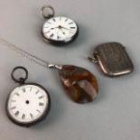 A GOLD PLATED POCKET WATCH ALONG WITH TWO OTHERS AND SILVER JEWELLERY