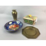 A BRASS VASE, BRASS DISH AND TWO CERAMIC ITEMS