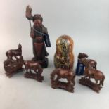 A LOT OF SIX CARVED WOOD HORSE FIGURES AND OTHER ITEMS