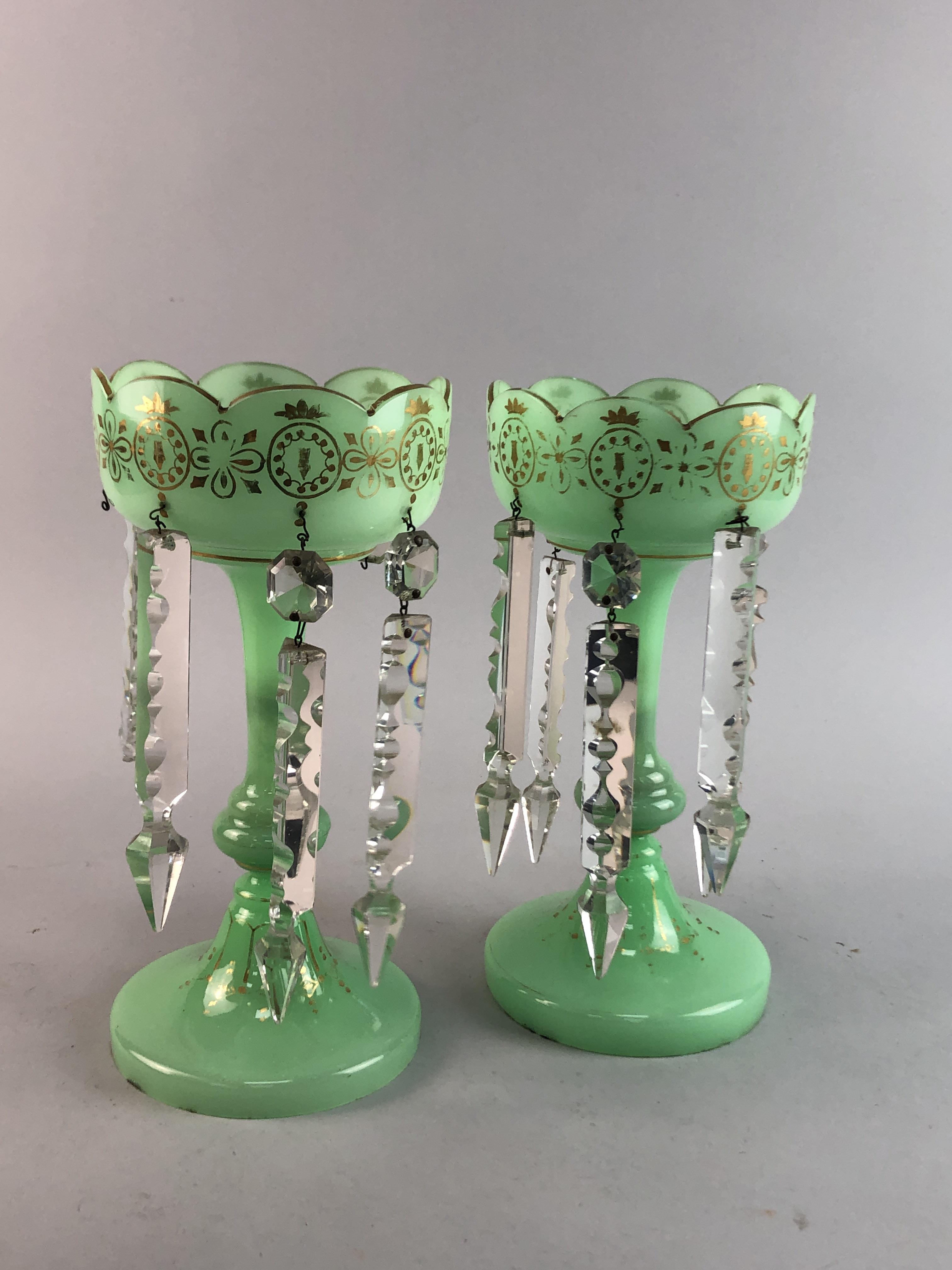 A PAIR OF OPAQUE GREEN GLASS LUSTRES - Image 2 of 2