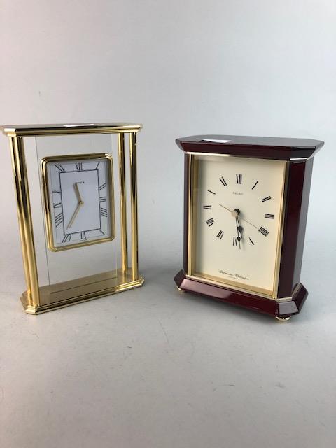 A MATTHEW NORMAN CARRIAGE CLOCK, ANOTHER CARRIAGE CLOCK AND TWO MANTEL CLOCKS - Image 2 of 2