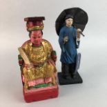 A LOT OF TWO 20TH CENTURY CHINESE PAINTED CARVED WOOD FIGURES