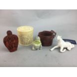AN IVORY BOX, CUP, BOTTLE, BUDDHA AND HORSE FIGURES