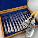 A SILVER PLATED TEA SERVICE AND FISH CUTLERY