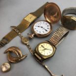 A LOT OF FOUR WRIST WATCHES, A POCKET WATCH AND A BROOCH WATCH