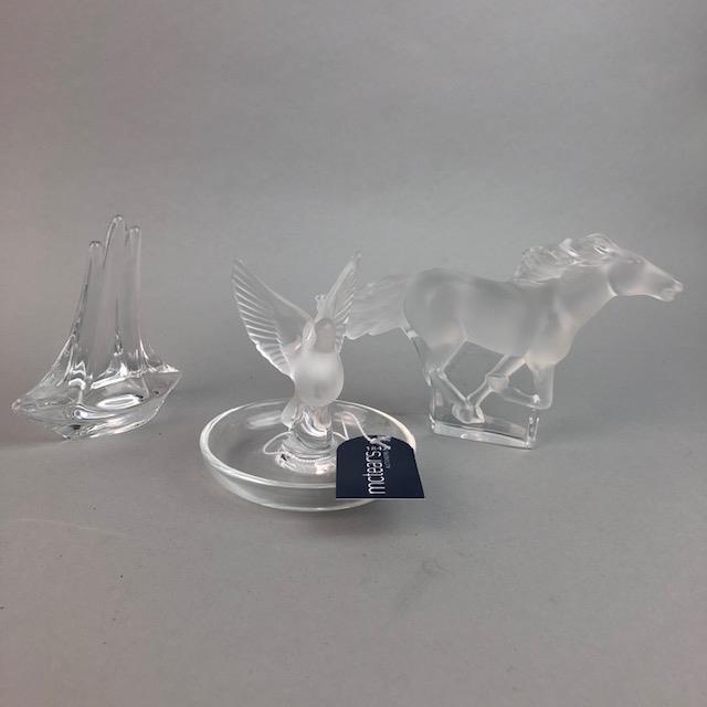 A DAUM GLASS MODEL YACHT AND TWO LALIQUE GLASS FIGURES