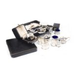 A LOT OF SILVER CRUETS ALONG WITH FLATWARE AND CASED PRESENTATION SETS