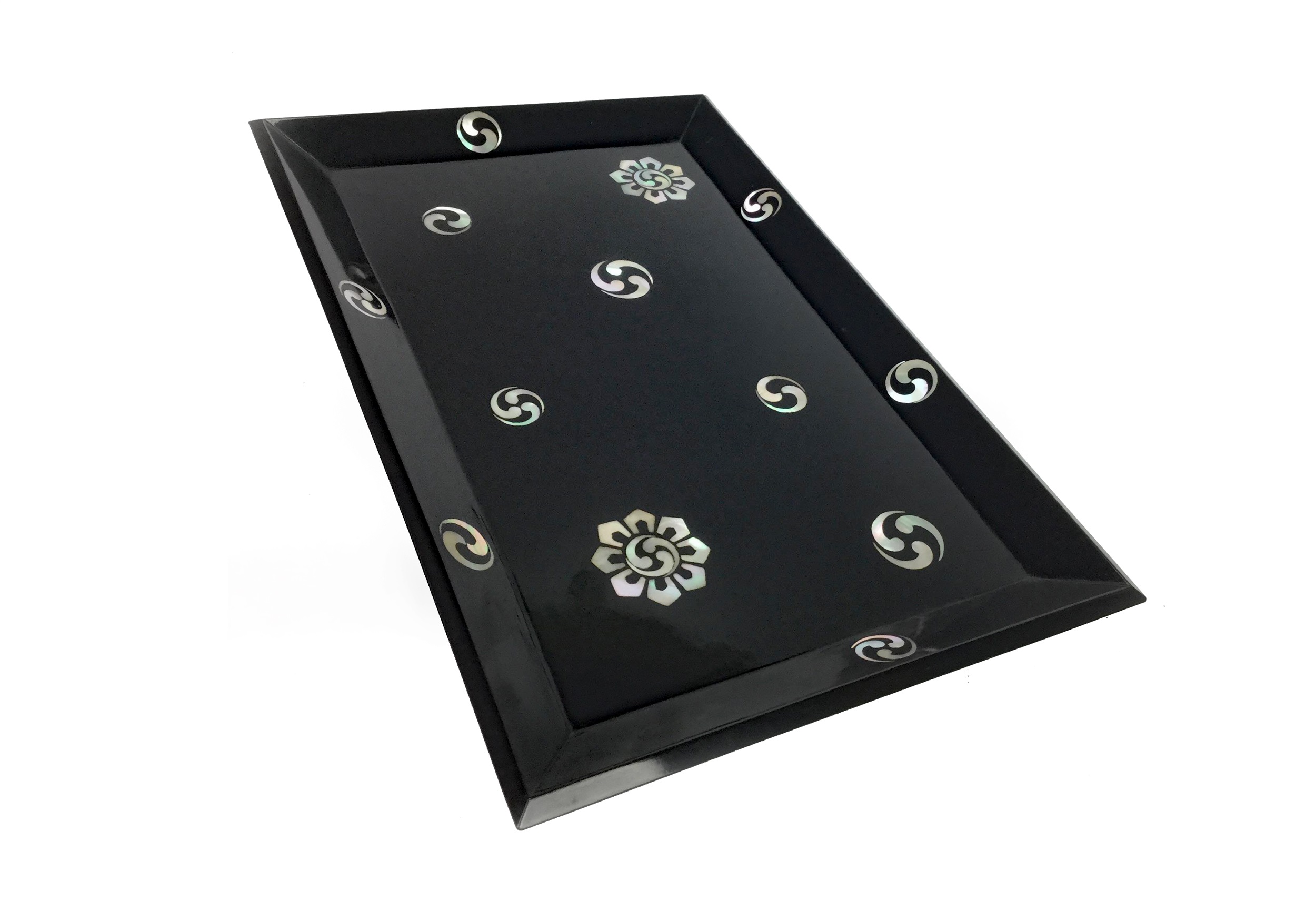 A CHINESE LACQUERED AND MOTHER OF PEARL INLAID TRAY