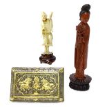 A CHINESE IVORY CARVING, ANOTHER FIGURE AND A CASKET