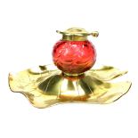 A KRALIK BRASS AND CRANBERRY GLASS INK WELL