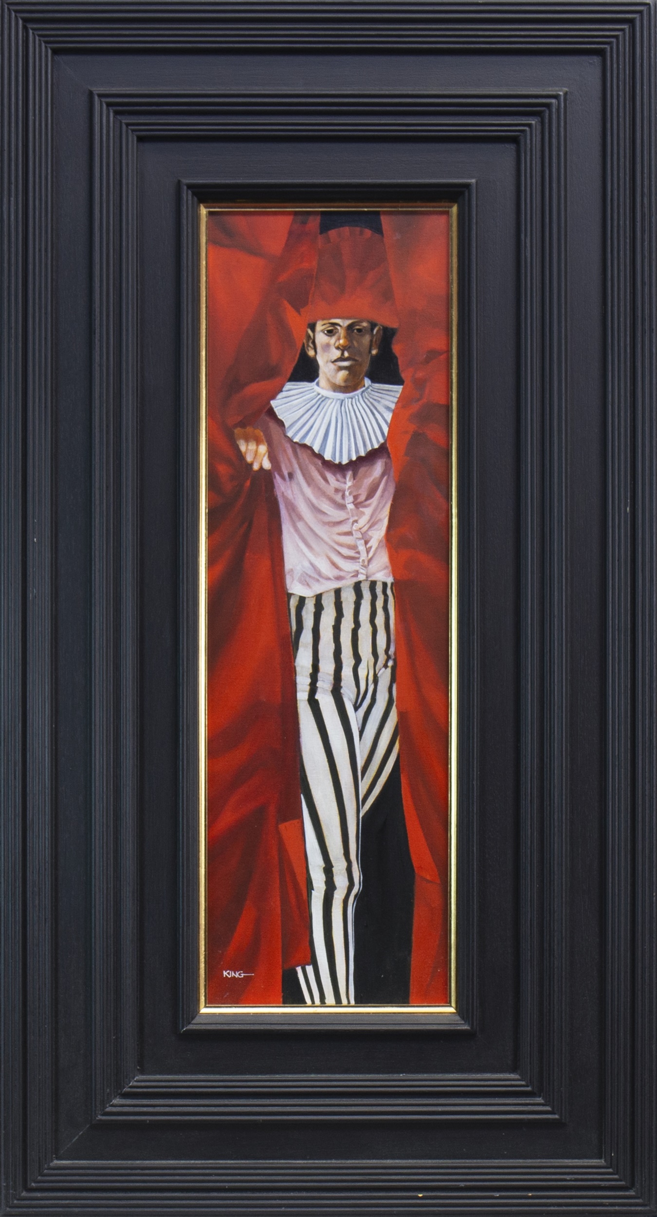 IN MY NEW STRIPED TROUSERS AND RED HAT, AN OIL BY ALAN KING