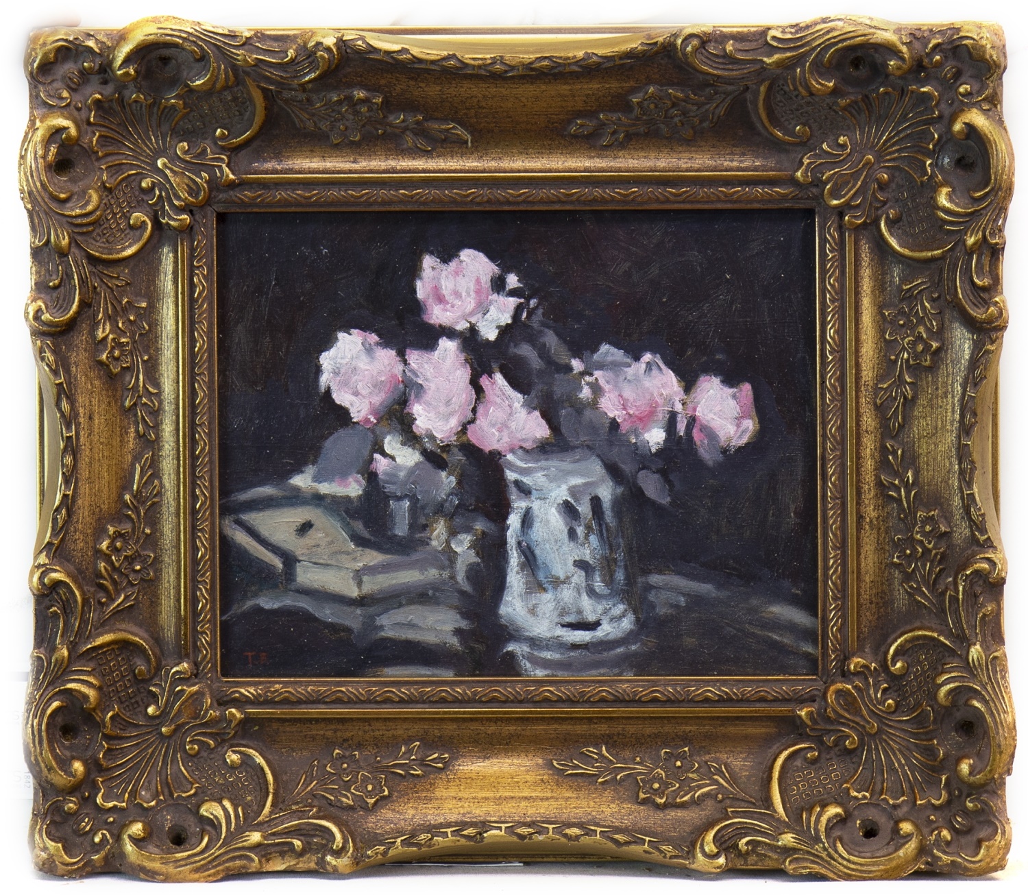 STILL LIFE WITH PINK ROSES, AN OIL BY TOM FLANAGAN