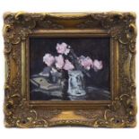 STILL LIFE WITH PINK ROSES, AN OIL BY TOM FLANAGAN