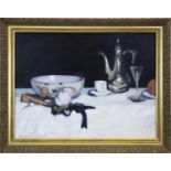 STILL LIFE WITH A COFFEE POT, AN OIL BY TOM FLANAGAN