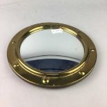 A BRASS BOUND CONVEX MIRROR, A NEEDLEWORK AND TWO PRINTS