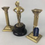 A PAIR OF BRASS CORINTHIAN PILLAR CANDLESTICKS