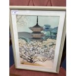 A JAPANESE WOODBLOCK PRINT, THE PAGODA OF NINNAJI TEMPLE IN KYOTO