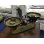 A SET OF VINTAGE POSTAL SCALES, A PEWTER QUAICH AND A WALKING STICK