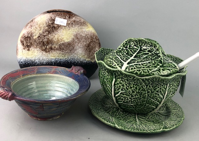 A CERAMIC TUREEN, AND GERMAN STUDIO POTTERY VASE AND A CIRCULAR BOWL