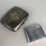 A SILVER CIGARETTE CASE, COINS AND BADGES