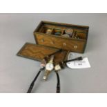 A 19TH CENTURY STRING/THREAD BOX, THREE WATCHES AND OTHER BOXES