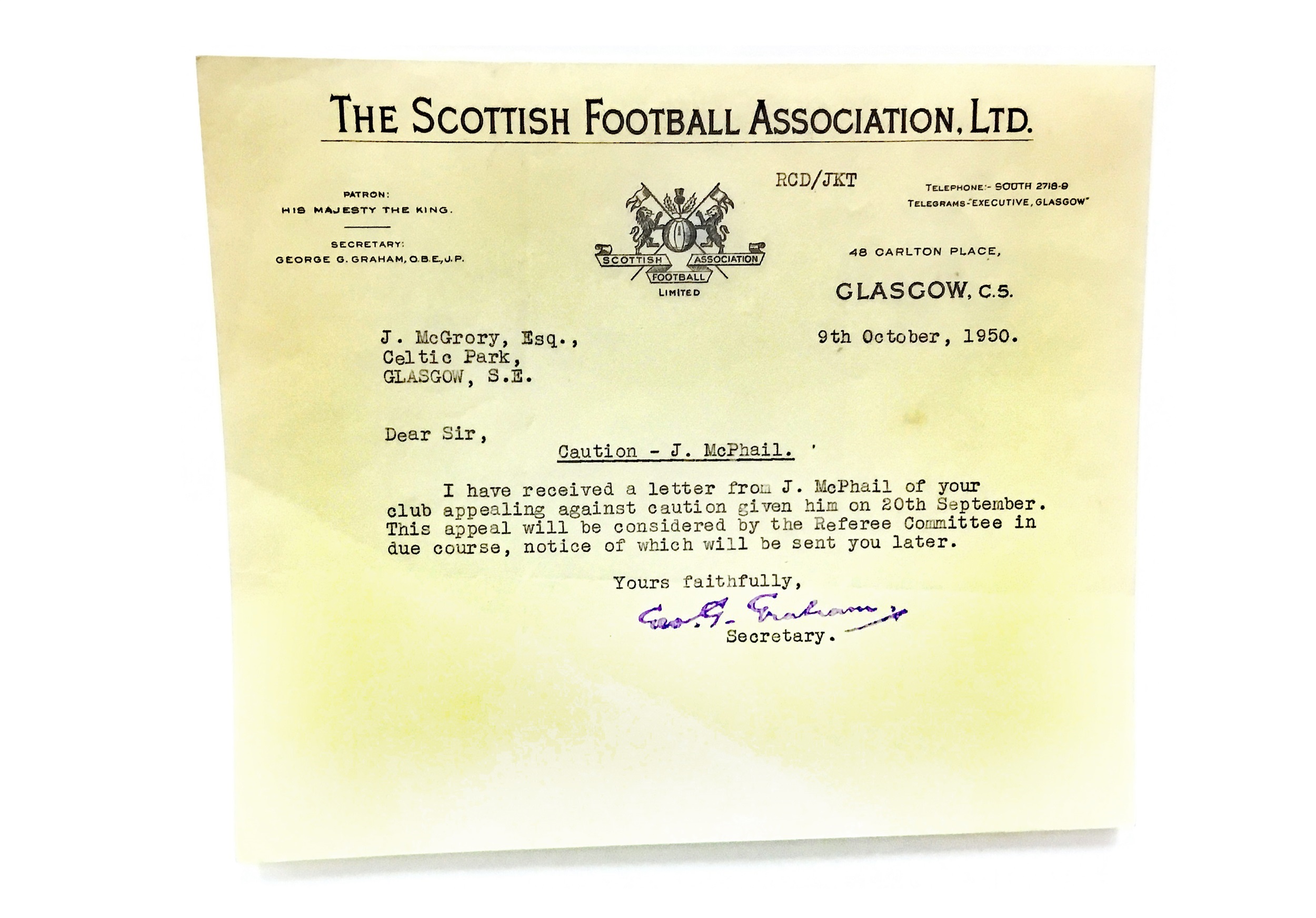 A SCOTTISH FOOTBALL ASSOCIATION LTD. CAUTION AND FIVE LETTERS - Image 2 of 5