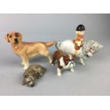 A LOT OF THREE BESWICK FIGURES OF DOGS, AN ELEPHANT AND A VASE