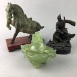 A REPRODUCTION CHINESE TANG STYLE HORSE, A HARDSTONE VESSEL AND A FIGURE OF A WARRIOR