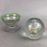 A LOT OF SIX GLASS SUNDAE DISHES, PAPERWEIGHT AND TWO GLASS SWANS
