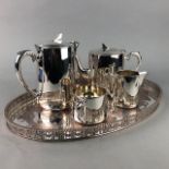 A SILVER PLATED TEA AND COFFEE SERVICE AND PLATED TRAY