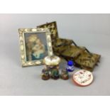 A LOT OF JEWELLERY, THIMBLES, TRINKET BOXES AND A PORCELAIN DOLL