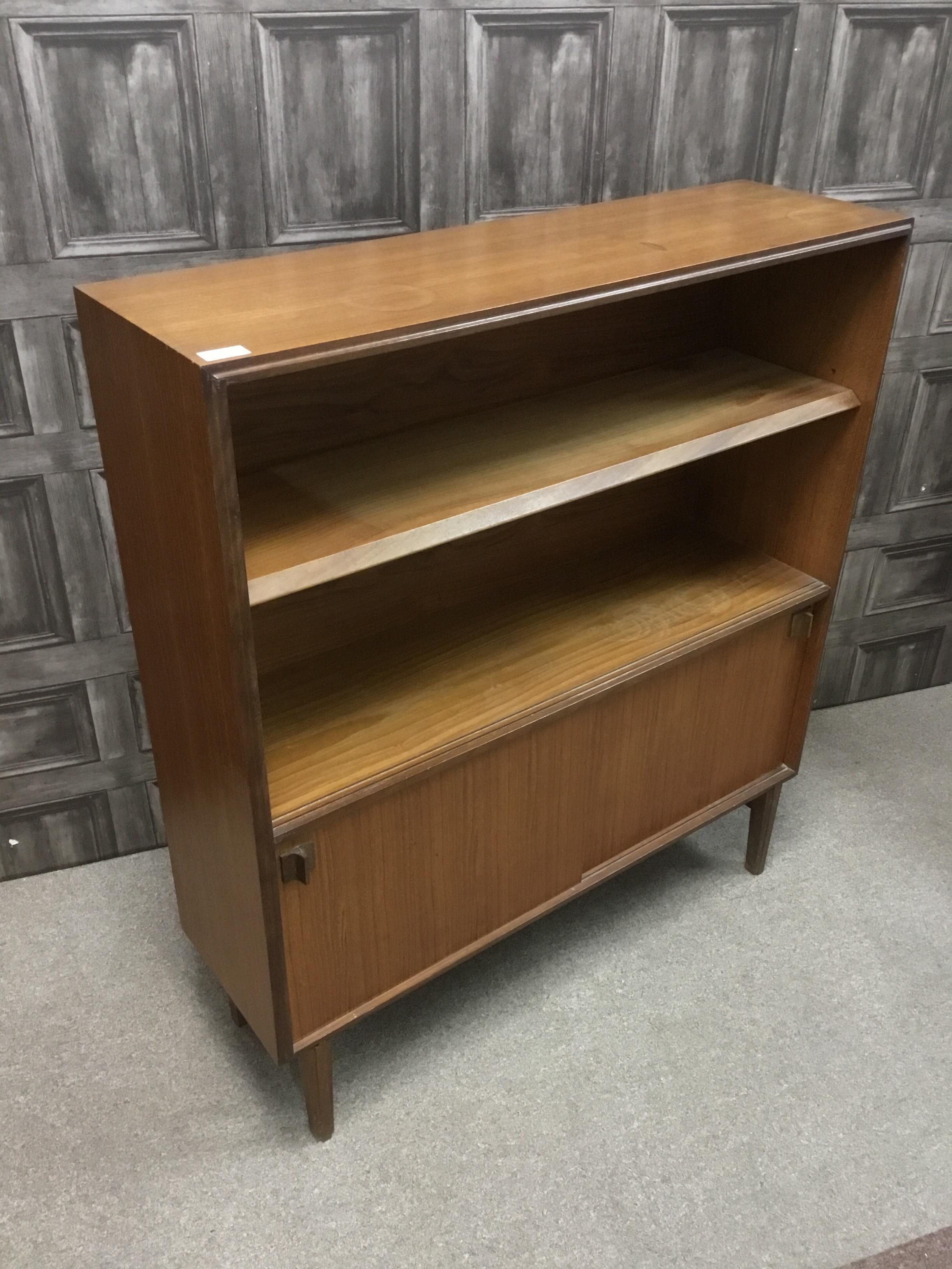 A TEAK BOOK CASE AND WRITING BUREAU