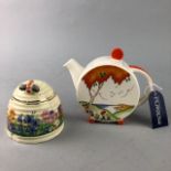 AN ART DECO STYLE WEDGWOOD TEA POT AND A CLARICE CLIFF HONEY POT