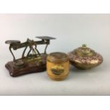 A MAUCHLINE WARE MONEY BOX, SCALES AND OTHER ITEMS