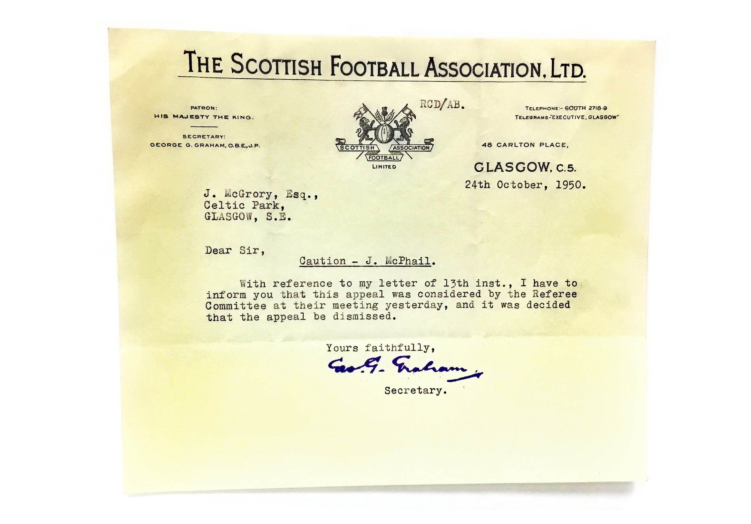 A SCOTTISH FOOTBALL ASSOCIATION LTD. CAUTION AND FIVE LETTERS - Image 3 of 5