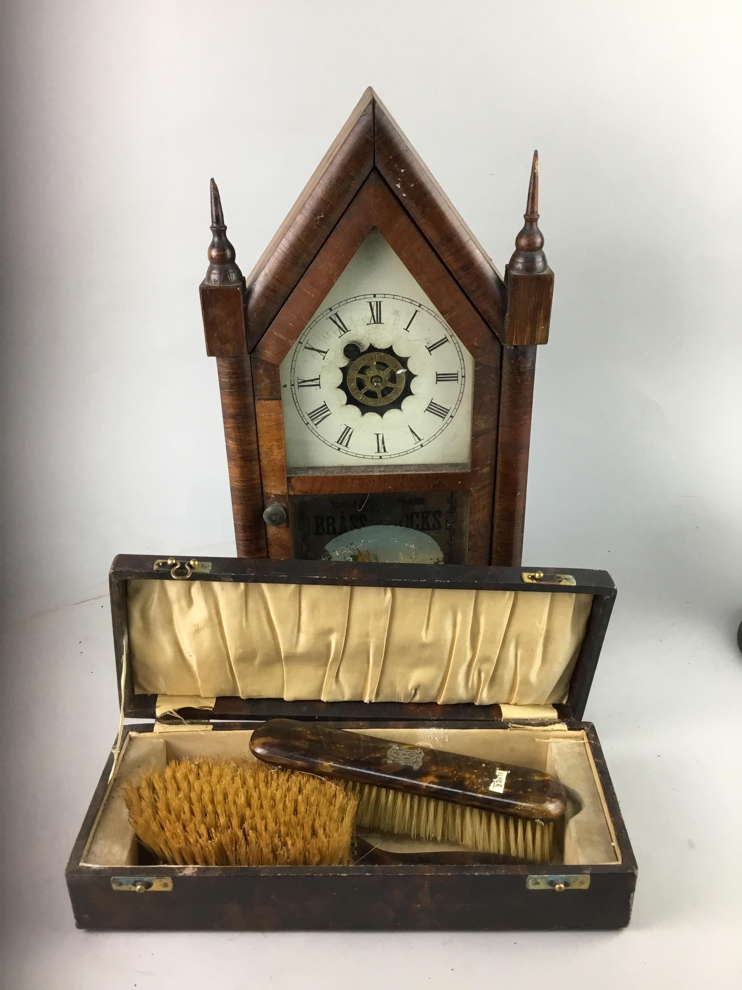 A 19TH CENTURY SPELTER FIGURE OF A VIOLINIST, VANITY SETS AND A CLOCK - Image 2 of 2