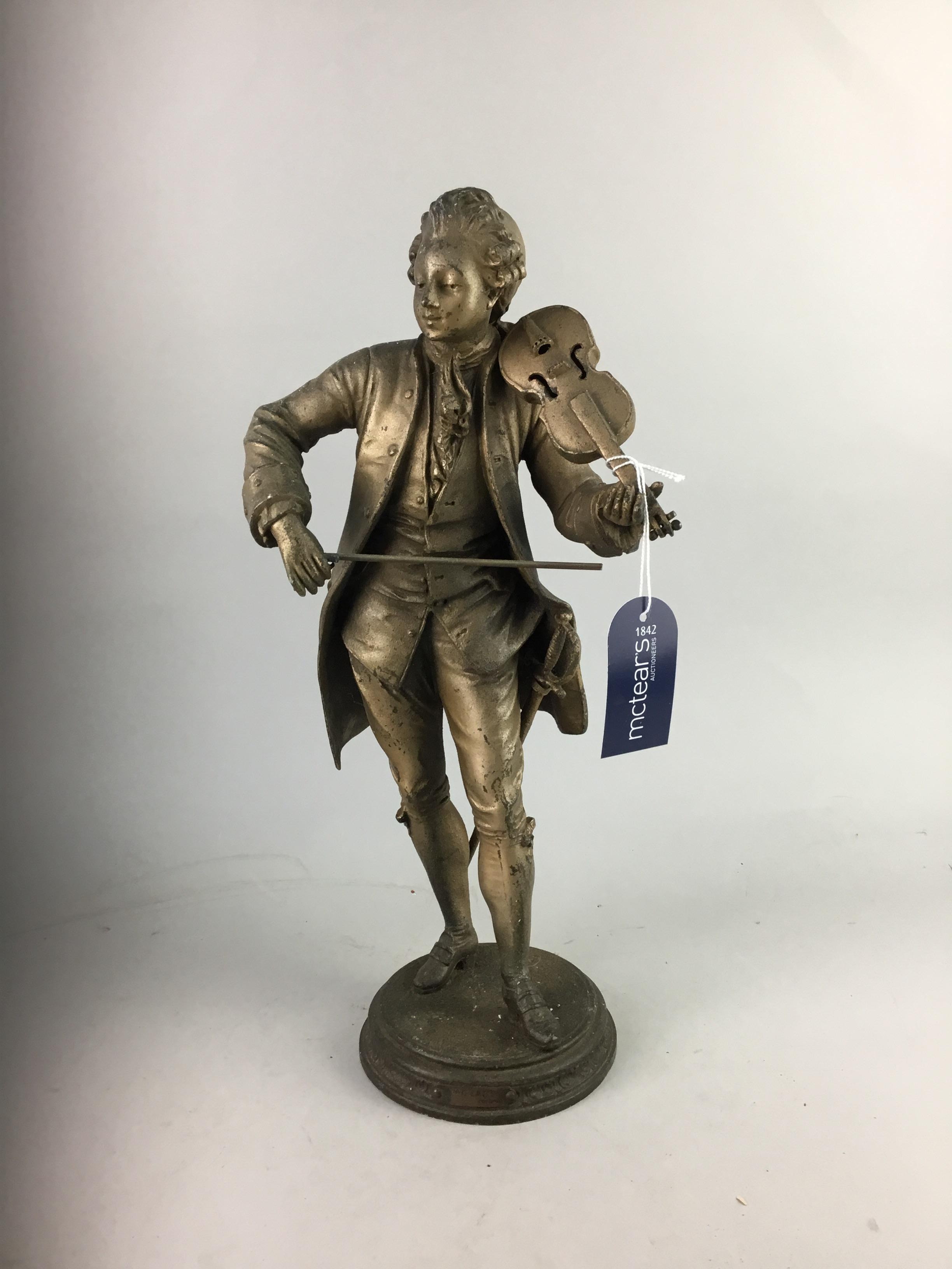 A 19TH CENTURY SPELTER FIGURE OF A VIOLINIST, VANITY SETS AND A CLOCK